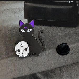 Black cat 🐈⬛ Pagan moon 🌙 skull brooch